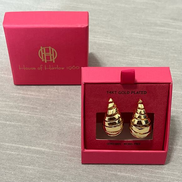 New House of Harlow 1960 14K Gold Plated Spiral Teardrop Stud Earrings - Picture 4 of 8